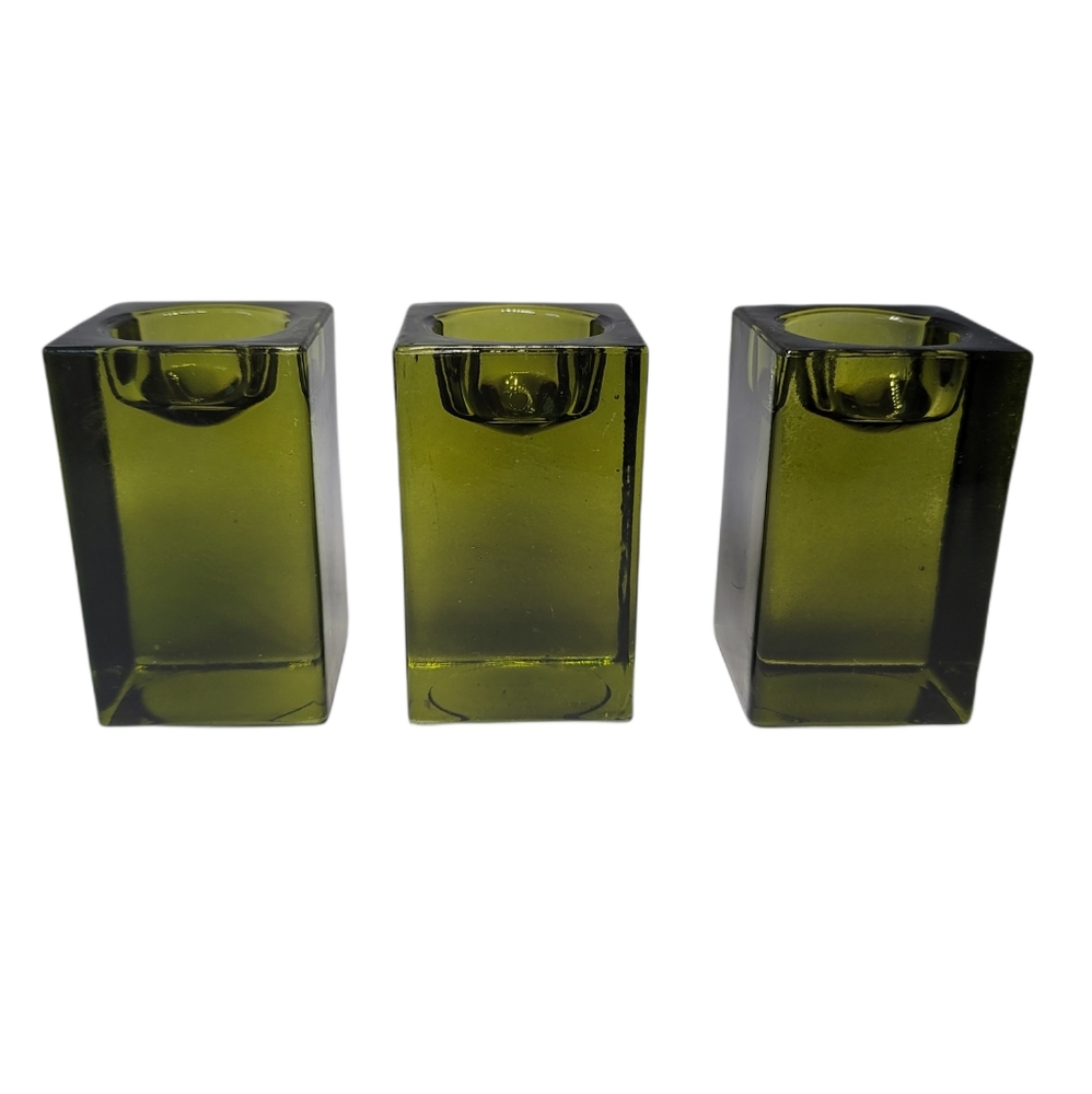 Set 3 block green glass candle holders midcentury